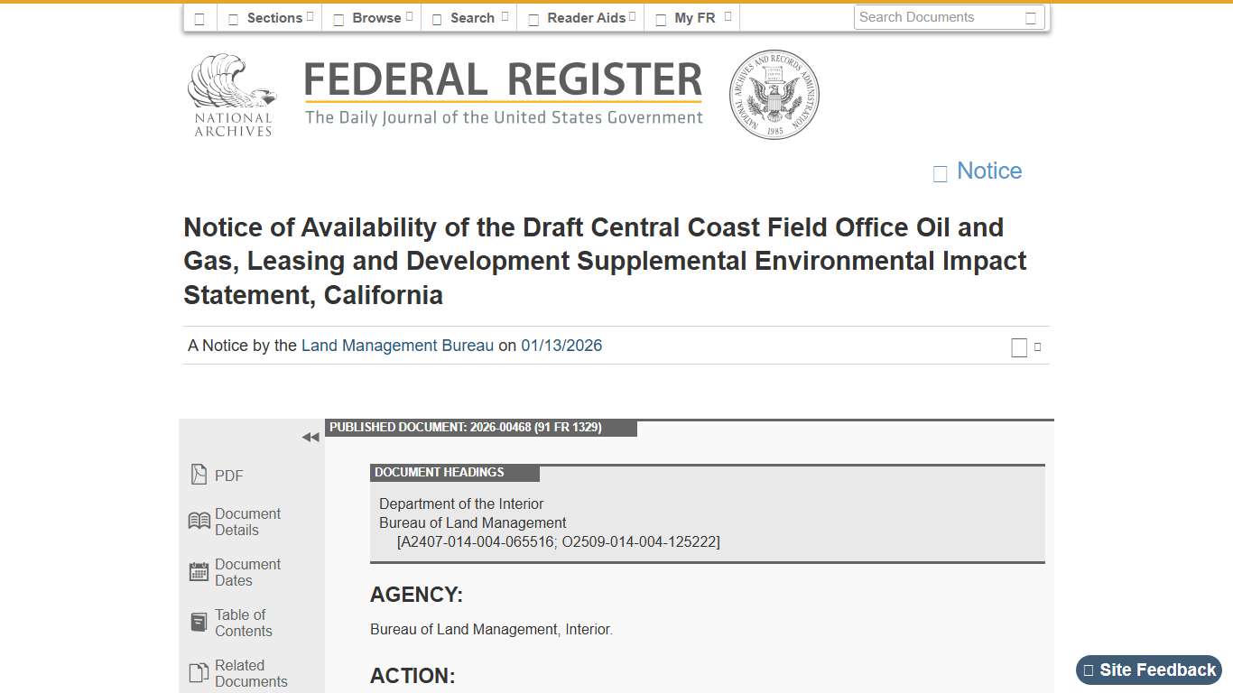 Federal Register :: Notice of Availability of the Draft Central Coast Field Office Oil and Gas, Leasing and Development Supplemental Environmental Impact Statement, California
