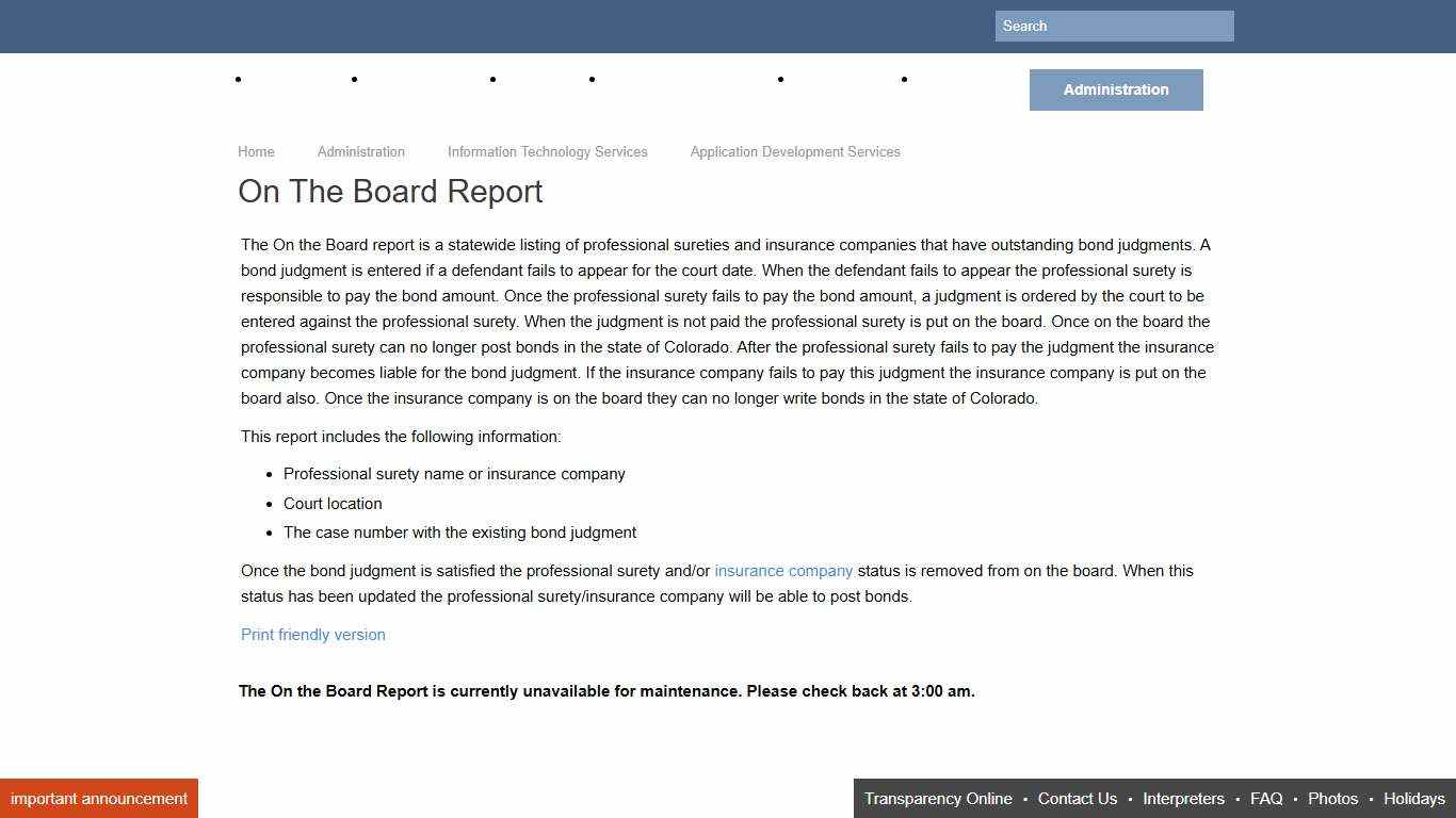 Colorado Judicial Branch - Administration - Information Technology Services - Application Development Services - On The Board Report