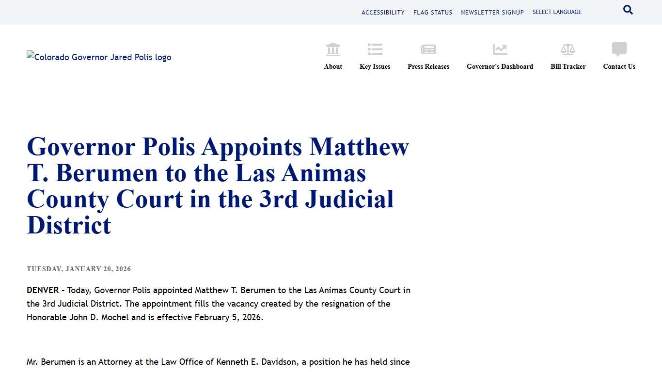 Governor Polis Appoints Matthew T. Berumen to the Las Animas County Court in the 3rd Judicial District Colorado Governor Jared Polis